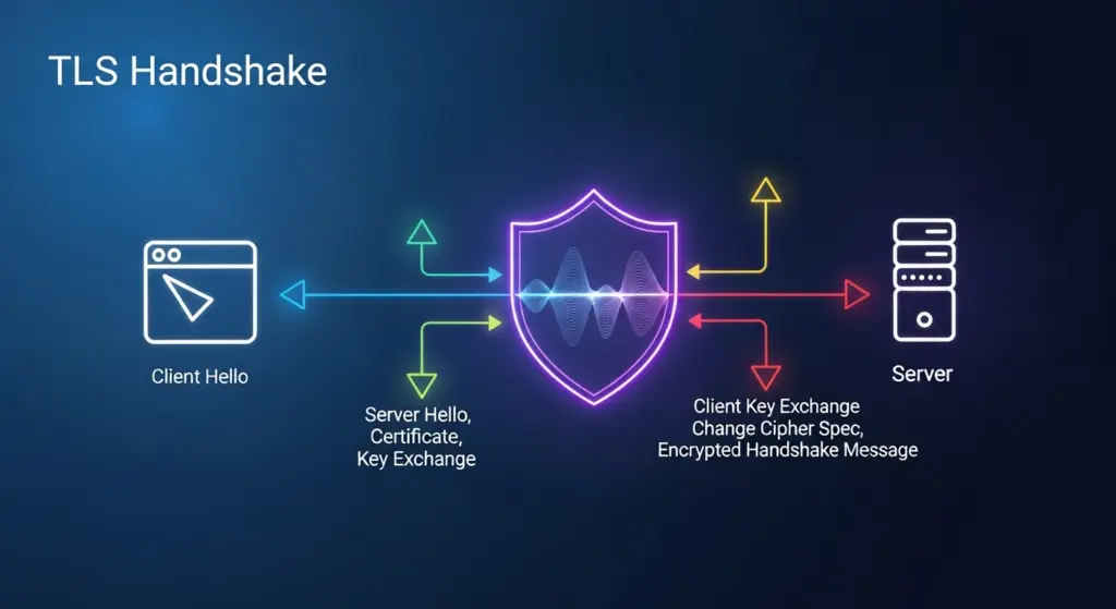 رسم بياني مبسط يوضح خطوات مصافحة TLS (TLS Handshake) بين المتصفح والخادم.