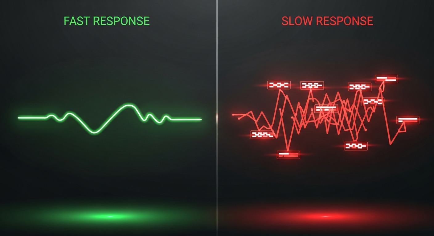 رسم بياني يوضح الفرق بين موقع سريع يستجيب فوراً وموقع بطيء يجعل المستخدم ينتظر.