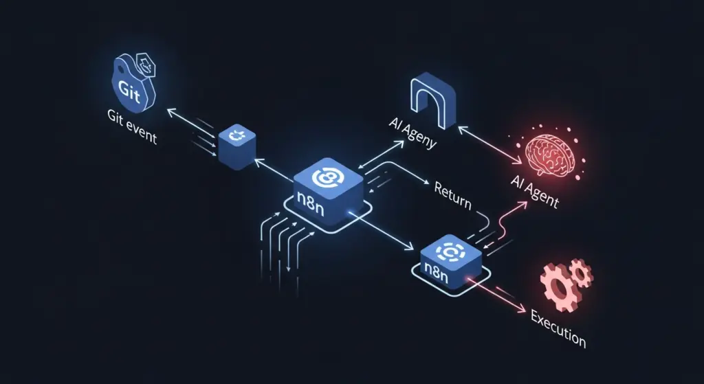 رسم بياني يوضح المعمارية العامة للنظام، يظهر تدفق البيانات من حدث Git إلى n8n ثم إلى Agent Gateway ومنه إلى النموذج المحلي، وعودة القرار إلى n8n لتنفيذ الإجراء. يجب أن يوضح الرسم مبدأ فصل القرار عن التنفيذ.