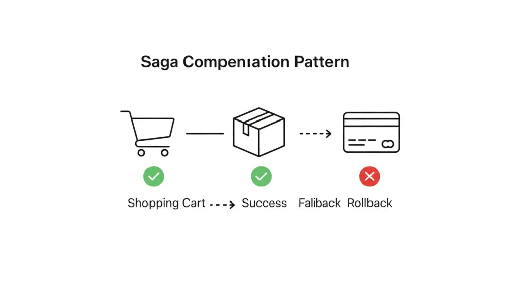 رسم بياني يوضح تدفق Saga مع التعويض. يظهر خطوات: 1. إنشاء طلب (نجاح) -> 2. حجز مخزون (نجاح) -> 3. معالجة الدفع (فشل). ثم تظهر الأسهم العكسية: <- 2. إلغاء حجز المخزون (تعويض) <- 1. إلغاء الطلب (تعويض).