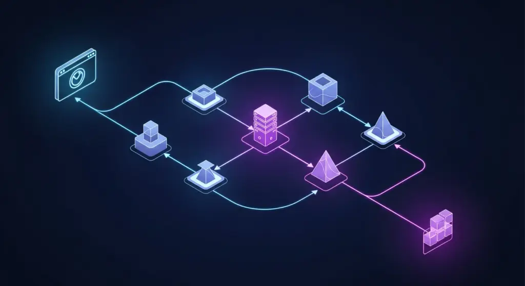 رسم بياني يوضح خطوات دورة حياة الطلب في لارافيل، من المتصفح إلى الخادم والعودة.