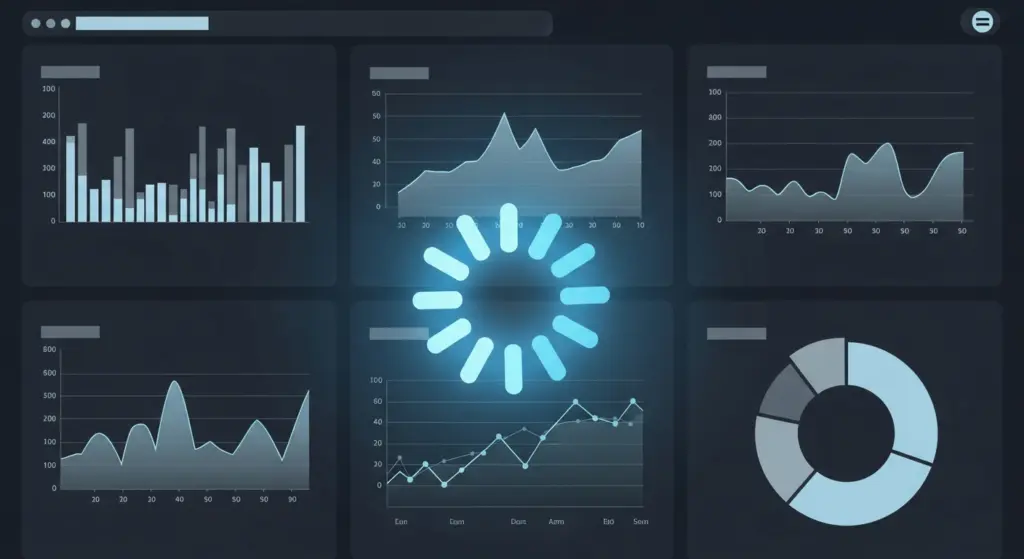 رسم بياني يوضح لوحة بيانات مع مؤشر تحميل يدور، للدلالة على البطء الشديد.