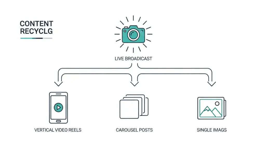 رسم توضيحي (انفوجرافيك) يوضح كيفية إعادة تدوير المحتوى. يبدأ من بث مباشر في الأعلى، ثم يتفرع إلى فيديوهات ريلز، منشورات كاروسيل، وصور فردية.