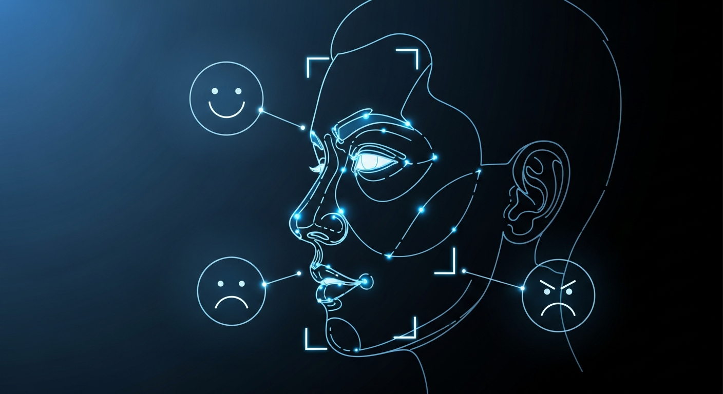 رسم توضيحي لوجه بشري عليه نقاط تحليل (facial landmarks) مع أيقونات صغيرة للمشاعر (سعيد، حزين، غاضب).