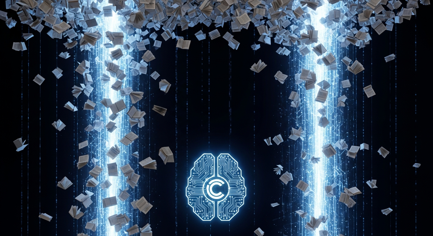 رسم توضيحي يصور كمية هائلة من البيانات (كتب وأكواد) تتدفق إلى عقل رقمي متوهج يحمل شعار Claude.
