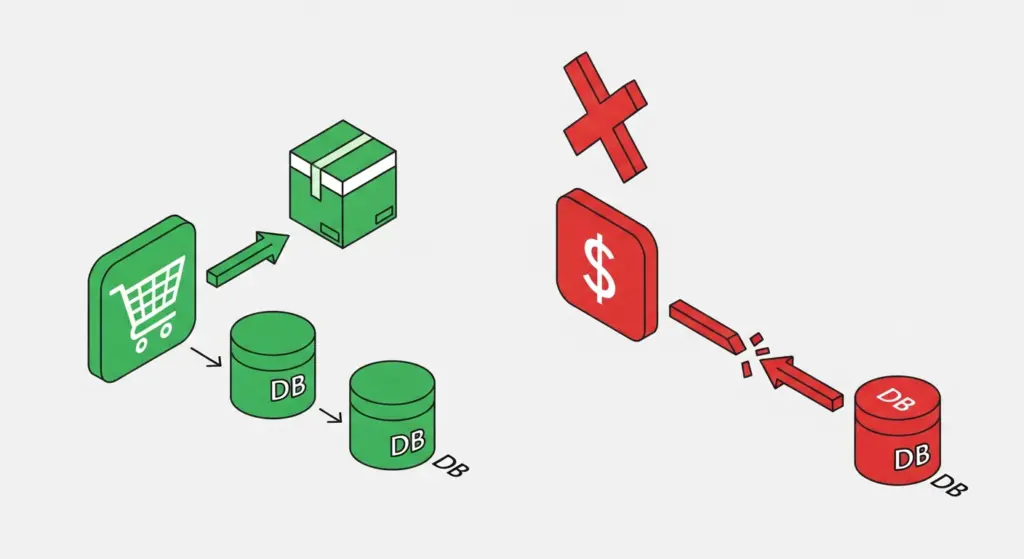 رسم توضيحي يظهر 3 خدمات مصغرة (طلبات، مخزون، دفع) لكل منها قاعدة بياناتها الخاصة. سهم يوضح فشل عملية الدفع، مما يترك خدمة الطلبات والمخزون في حالة غير متسقة (مقعد محجوز، طلب منشأ، لكن لا يوجد دفع).