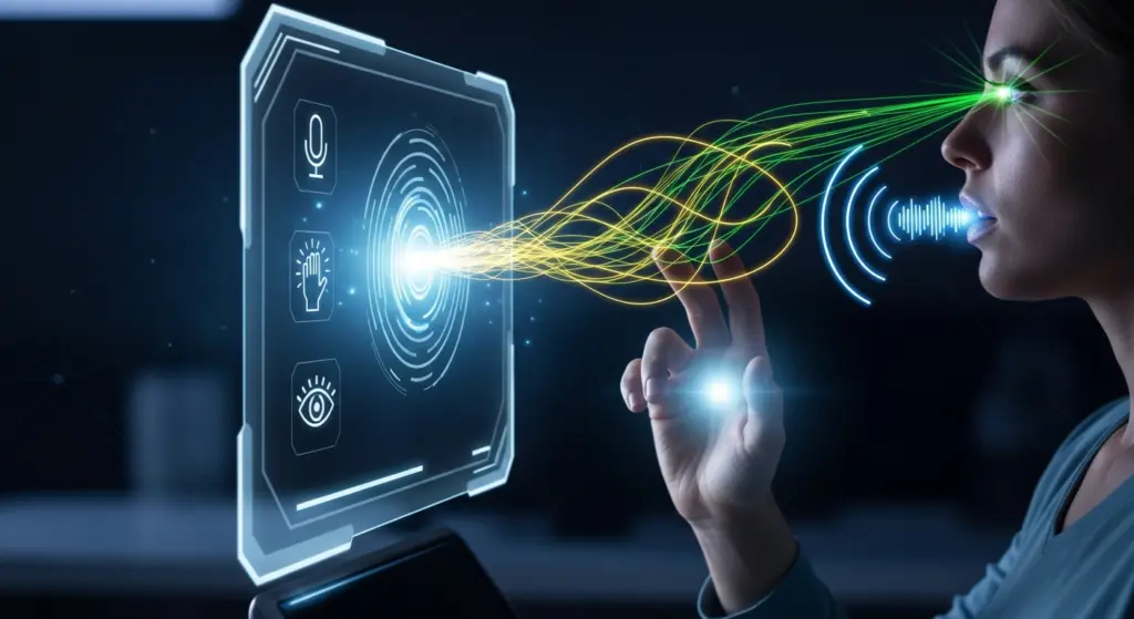 رسم توضيحي يظهر شخص يتفاعل مع شاشة باستخدام الصوت والإيماءات وتتبع العين في نفس الوقت، مع أيقونات تمثل كل نمط إدخال.