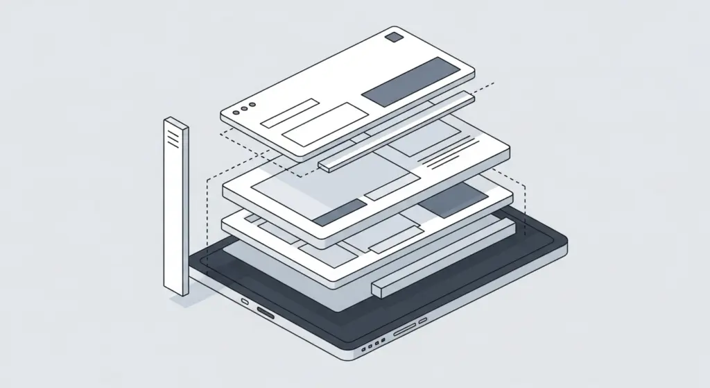 رسم توضيحي يظهر واجهة مستخدم مقسمة إلى مكونات مختلفة مثل Header, Sidebar, Content, Footer.