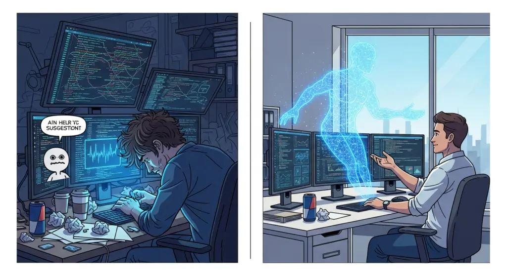 رسم توضيحي يقارن بين مطور مرتبك يستخدم مساعد AI بسيط، ومطور هادئ يفوض مهمة لوكيل AI متقدم.