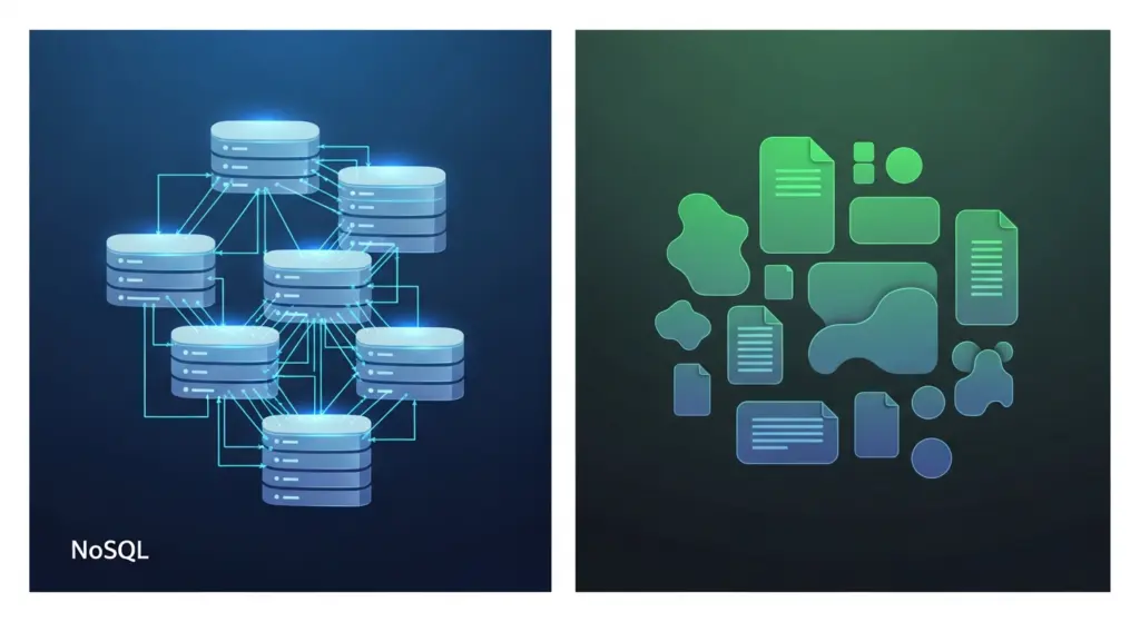 رسم توضيحي يقارن بين هيكل قاعدة بيانات SQL (جداول مترابطة) وهيكل MongoDB (مستندات مستقلة داخل مجموعة).