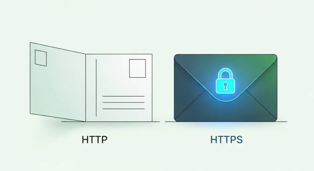 صورة توضيحية تقارن بين بطاقة بريدية مكشوفة (HTTP) وظرف مغلق ومختوم (HTTPS).