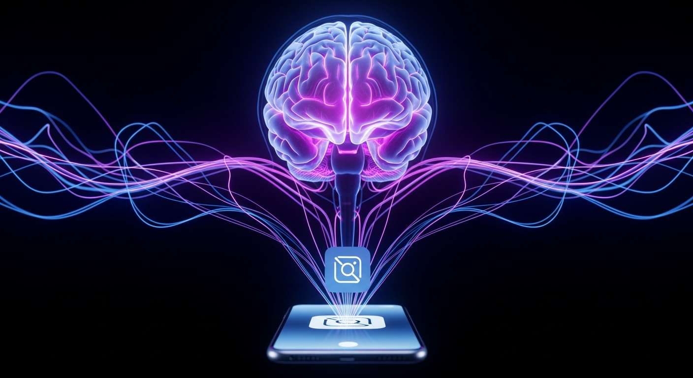 صورة رمزية توضح اتصال بين دماغ بشري وأيقونة تطبيق على هاتف، ترمز للتواصل العاطفي مع التكنولوجيا.