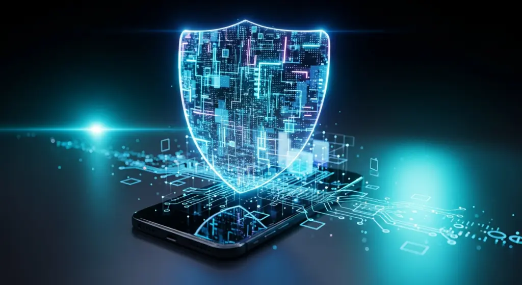صورة مجردة تظهر قفلاً رقمياً أو درعاً يحمي بيانات المستخدم على شاشة هاتف ذكي، لتمثيل مفهوم الأمان الرقمي.