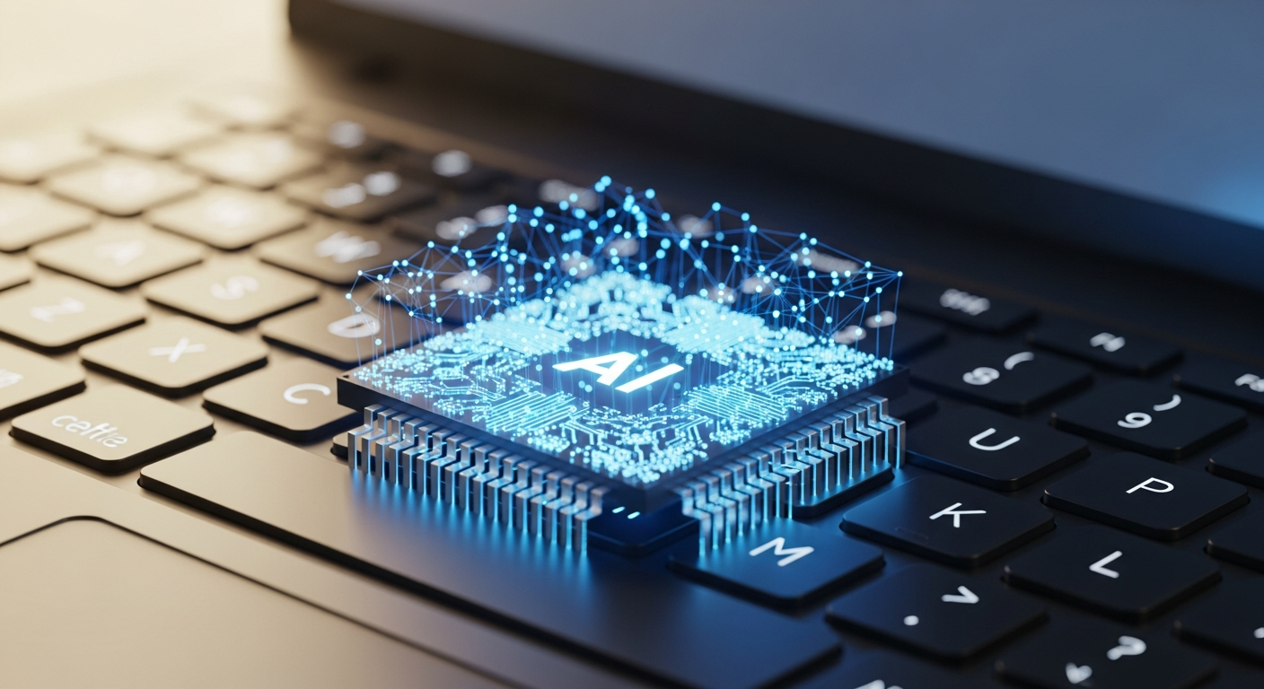 صورة مفاهيمية تظهر شريحة معالج مضيئة على لوحة مفاتيح حاسوب محمول، ترمز للذكاء الاصطناعي المحلي.