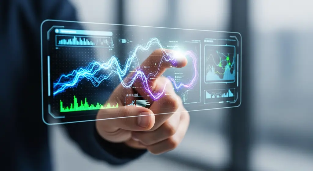 صورة مقربة لشخص يستخدم إيماءة اليد (مثل القرص في الهواء) للتحكم في واجهة واقع معزز، مع التركيز على اليد والواجهة الرقمية.