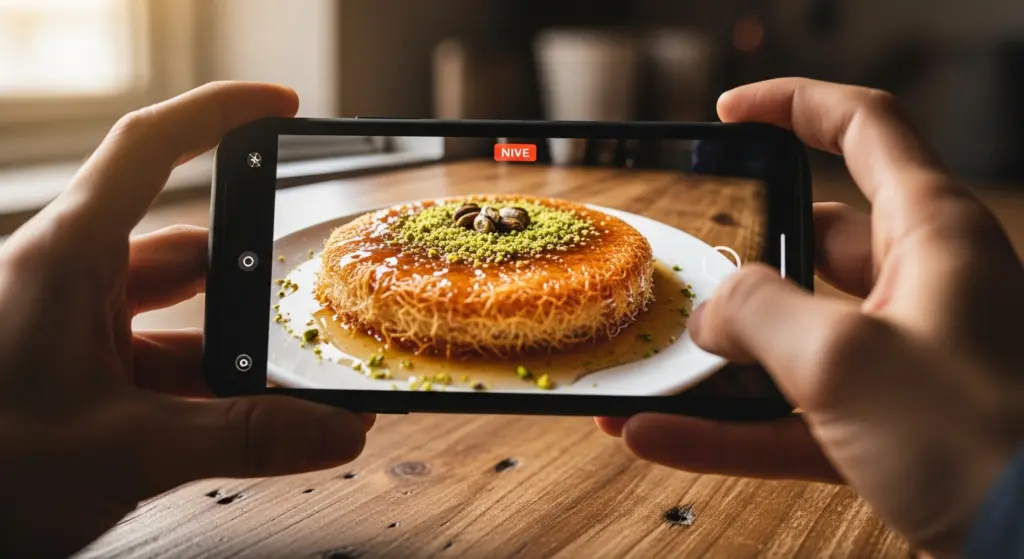 صورة مقربة لشخص يصور طبق طعام شهي (مثل الكنافة) باستخدام كاميرا هاتفه الذكي، مع إضاءة طبيعية جيدة.