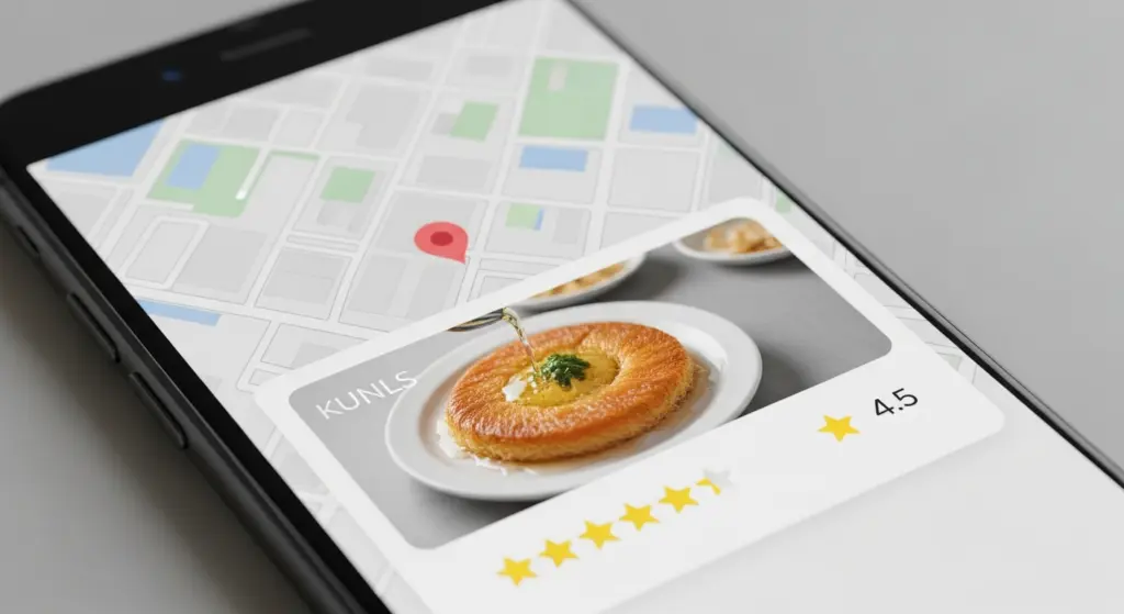 صورة هاتف ذكي يعرض نتيجة بحث على خرائط جوجل عن 'كنافة قريبة مني' مع إظهار تقييمات وصور المحل.