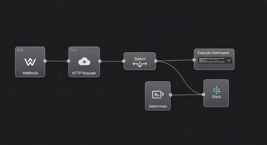 لقطة شاشة لواجهة n8n تظهر تدفق العمل (Workflow) الكامل، مع عقدة Webhook، وعقدة HTTP Request، وعقدة Switch، والعقد النهائية لتنفيذ الأوامر (مثل Execute Command و Slack).