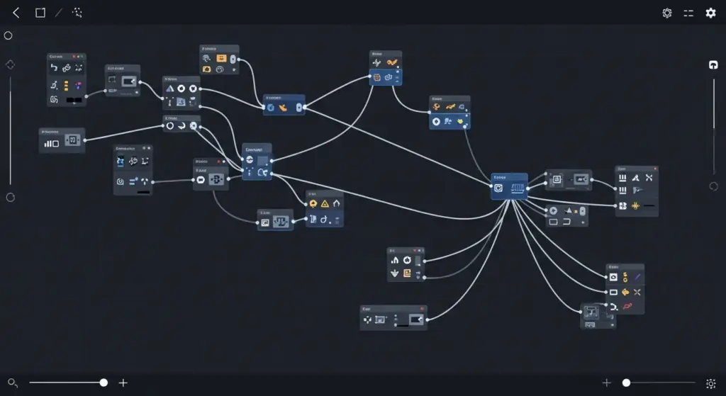 لقطة شاشة لواجهة n8n تظهر سير عمل (workflow) مع عُقد (nodes) متعددة ومتفرعة، لإظهار التعقيد البصري.
