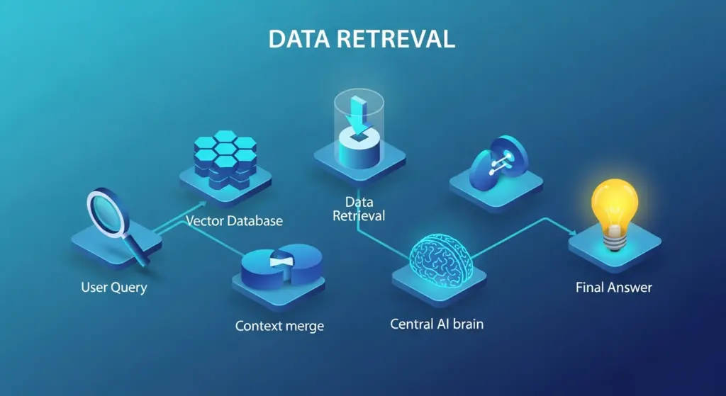 مخطط انسيابي يوضح آلية عمل RAG: 1. سؤال المستخدم -> 2. بحث في قاعدة المعرفة (Vector DB) -> 3. استرجاع المعلومات ذات الصلة -> 4. دمج المعلومات مع السؤال الأصلي -> 5. إرسالها إلى LLM -> 6. الحصول على إجابة مدعومة بالمعلومات.
