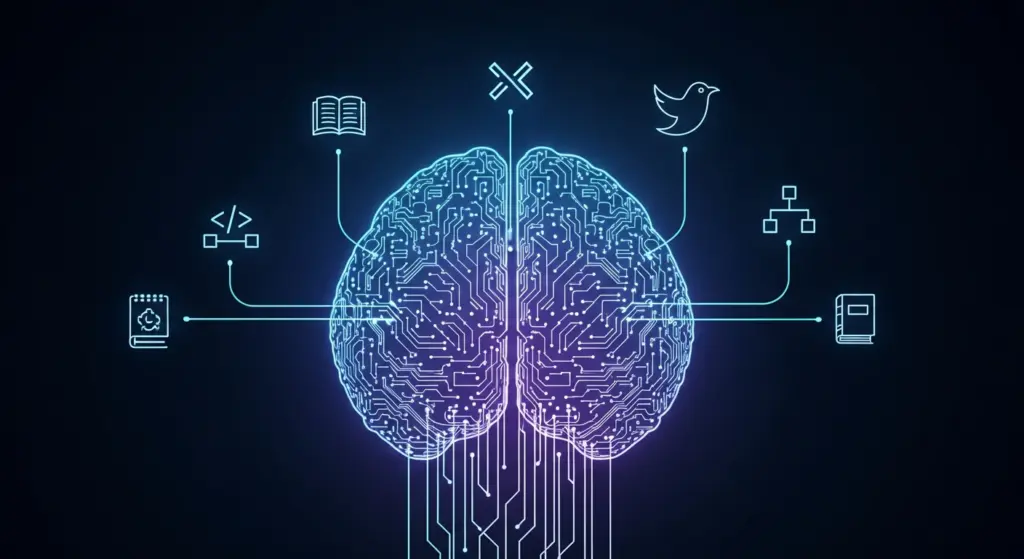 إنفوجرافيك يصور دماغاً إلكترونياً عملاقاً (يمثل نموذج الذكاء الاصطناعي) وهو يمتص بيانات من أيقونات تمثل الإنترنت (ويكيبيديا، GitHub، تويتر، كتب).