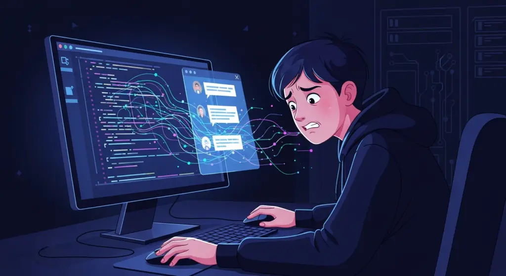 رسم توضيحي يظهر مبرمج حائر ينظر إلى شاشة الكمبيوتر التي تعرض نافذة دردشة مع ذكاء اصطناعي وبجانبها كود برمجي يحتوي على بيانات حساسة.
